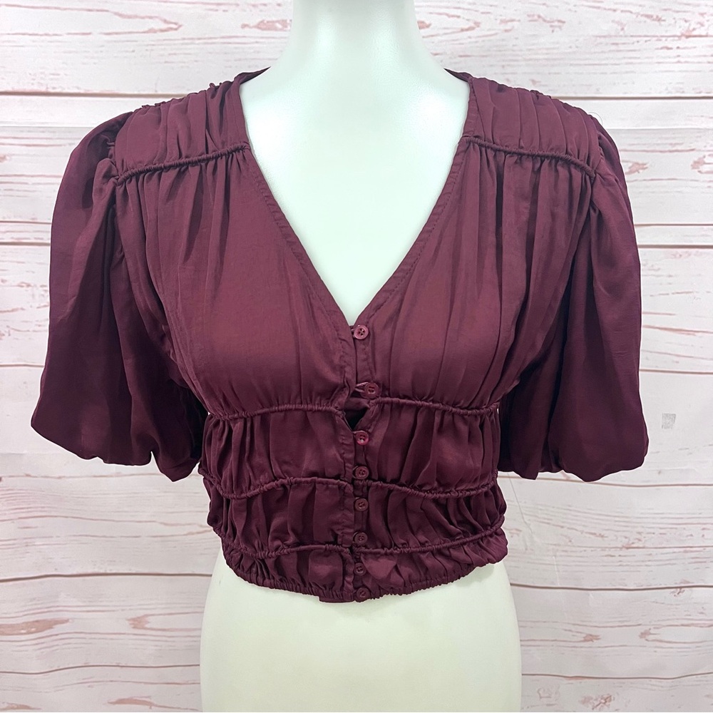 Bishop + Young Burgundy Claret Silk Puff Sleeve Maya Crop Top Blouse